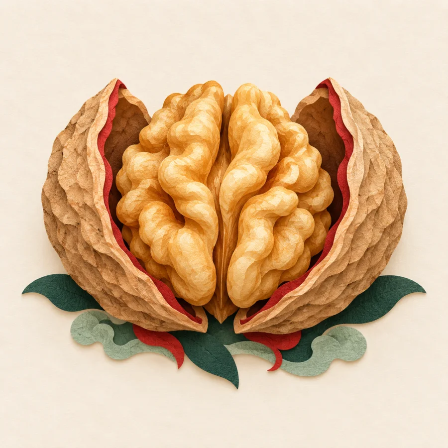 A cracked walnut with a plump kernel at its centre.