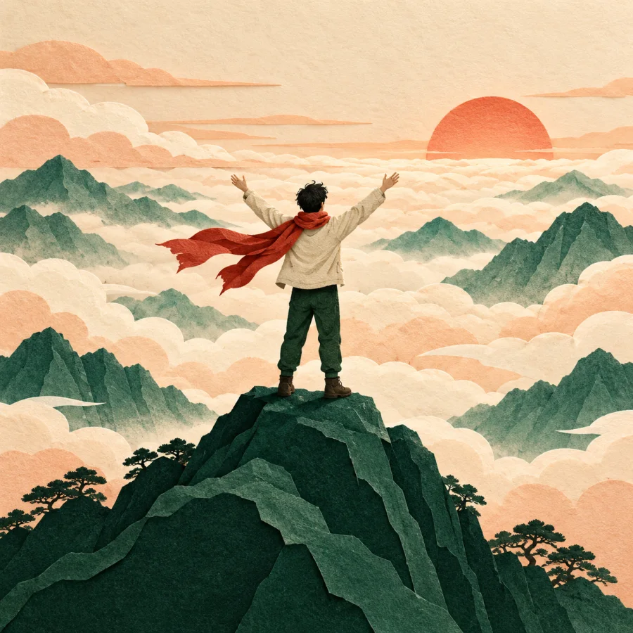 A person on a mountain peak gazes in awe at a sea of clouds.