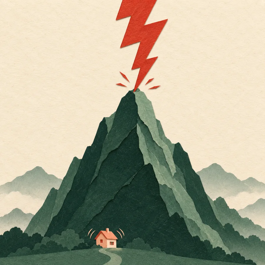A huge lightning bolt strikes a mountain peak above a tiny house.