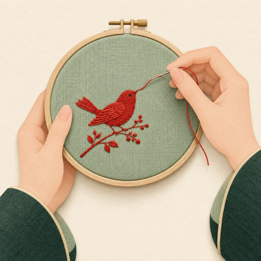 A person embroiders a tiny bird on a round hoop.
