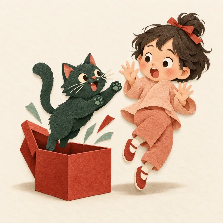 A child jumps back from a cat leaping out of a box