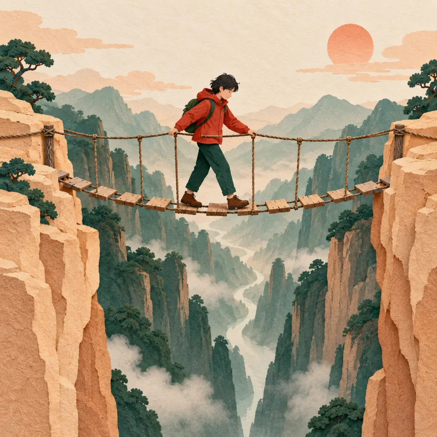 A person crosses a narrow rope bridge over a gorge