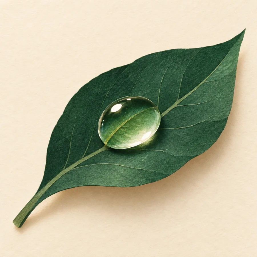 A sparkling dewdrop on a dark green leaf