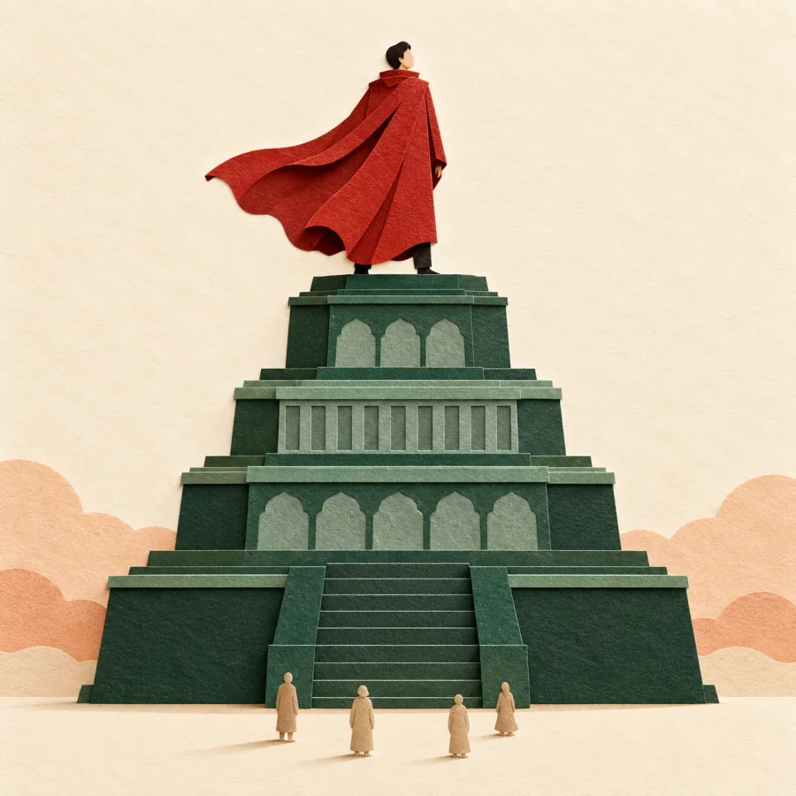 A person in a red cloak stands on a tall stepped podium