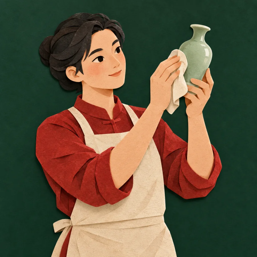A craftsperson polishes a small jade vase, holding it to the light