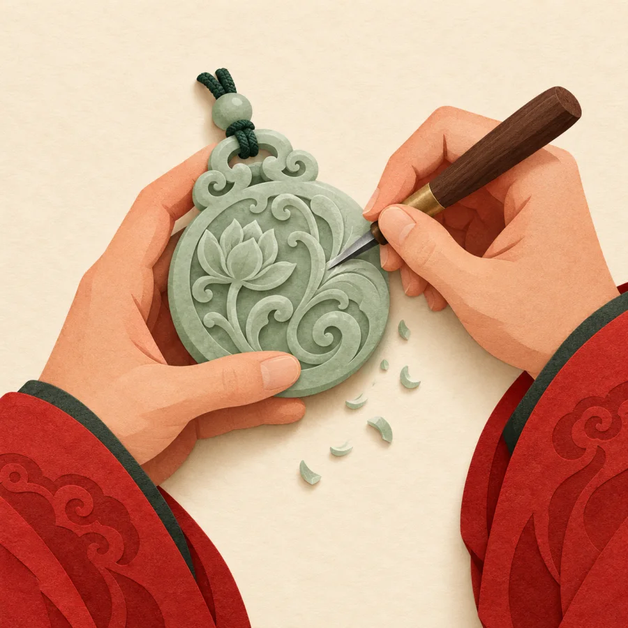 A craftsperson carves a fine pattern on a jade ornament