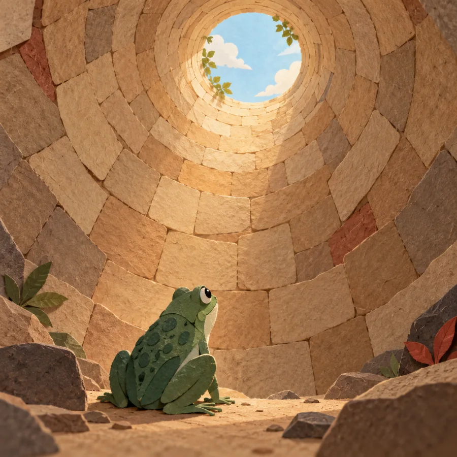 A frog at the bottom of a well looks up at a patch of sky