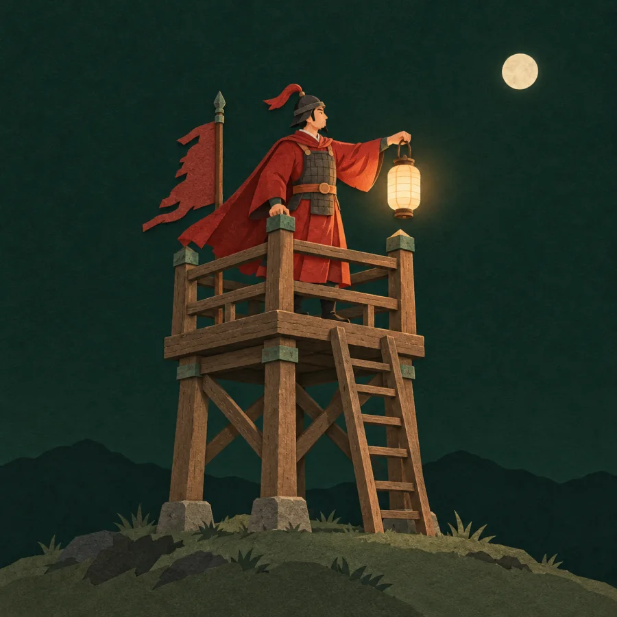 A guard with a lantern stands on a watchtower at night