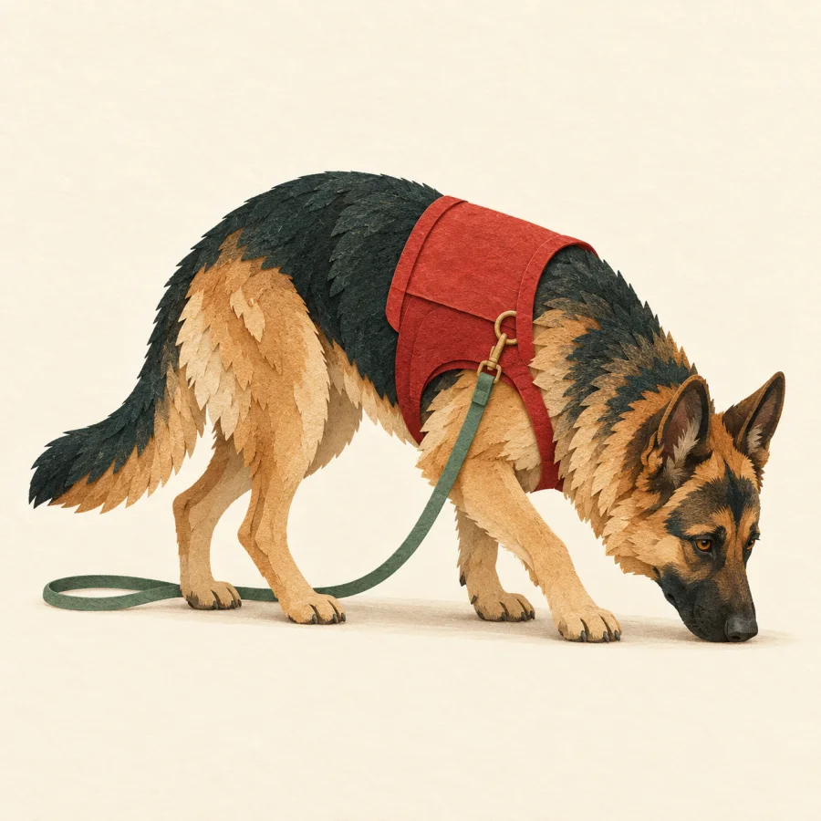 A shepherd dog in a red vest sniffs the ground