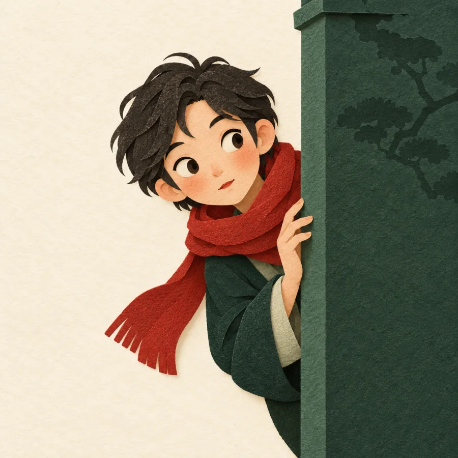 A person peeks carefully around a wall corner