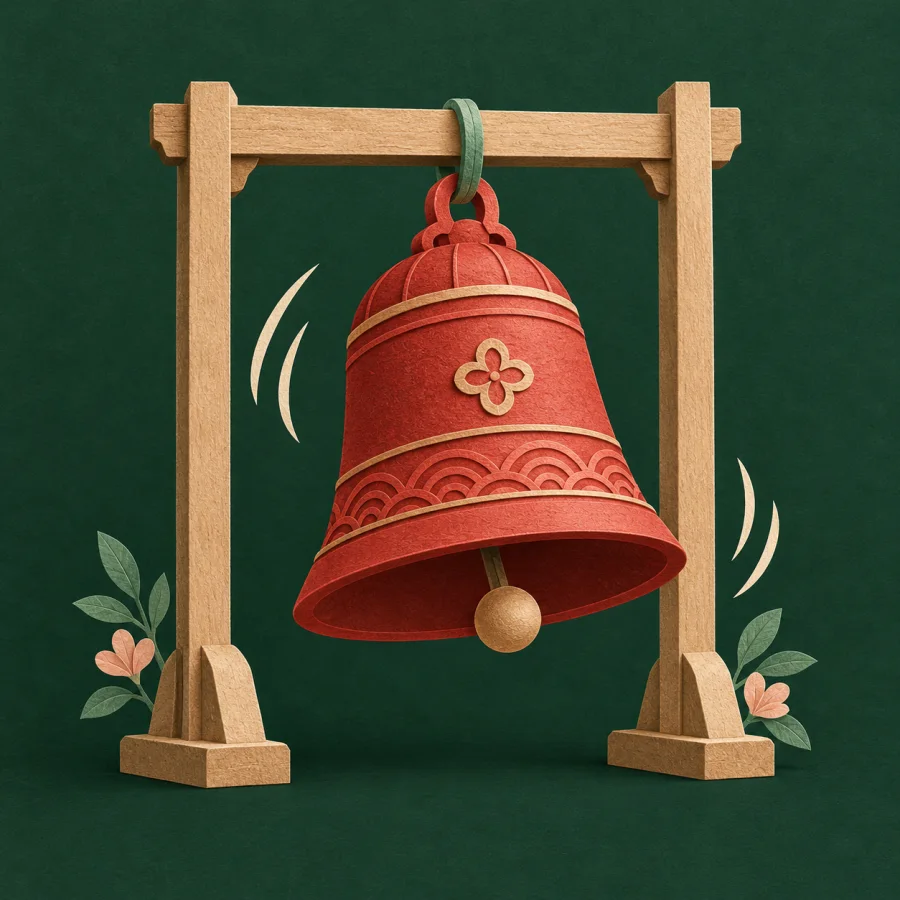A large red bell swings in a wooden frame