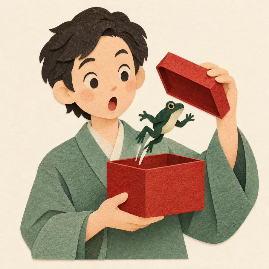 A surprised person opens a box and a frog jumps out