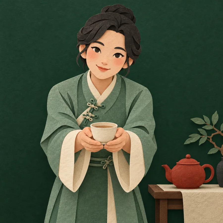 A person bows slightly, offering a tea cup with both hands