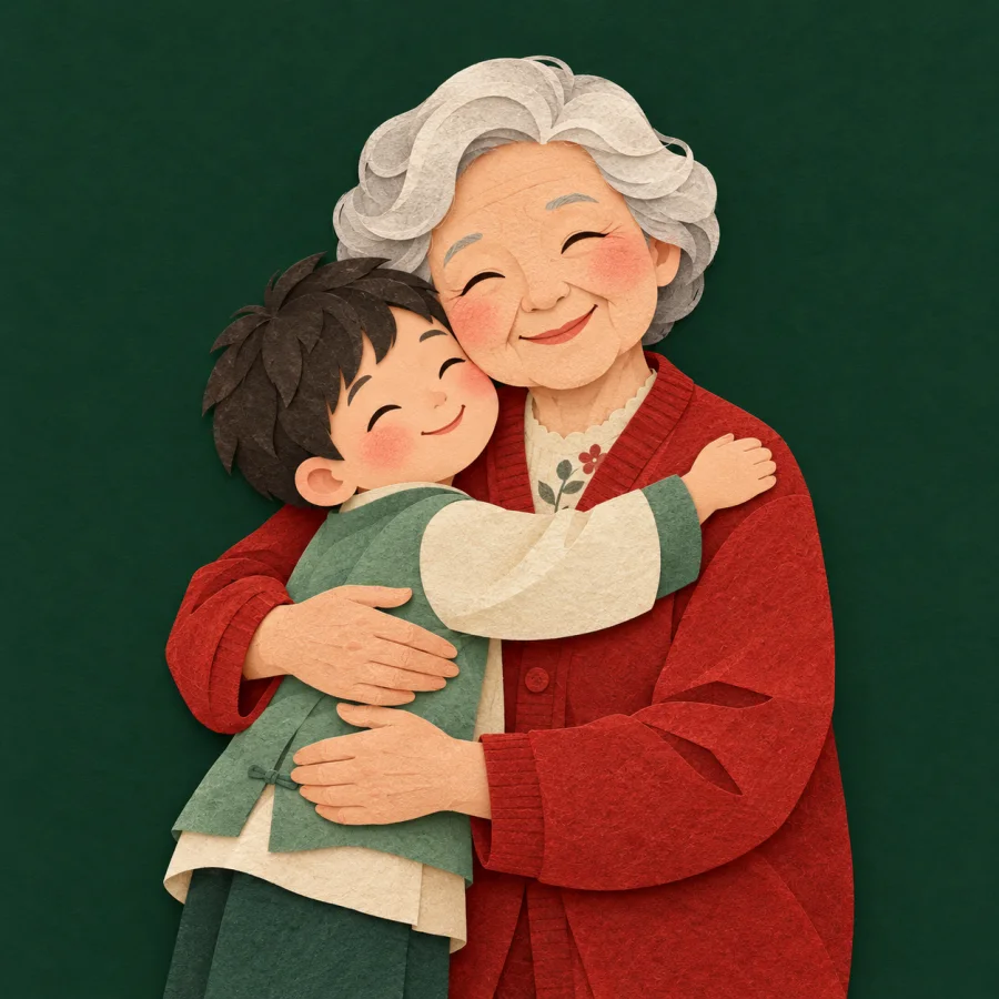 A child hugs a smiling grandmother in a red cardigan