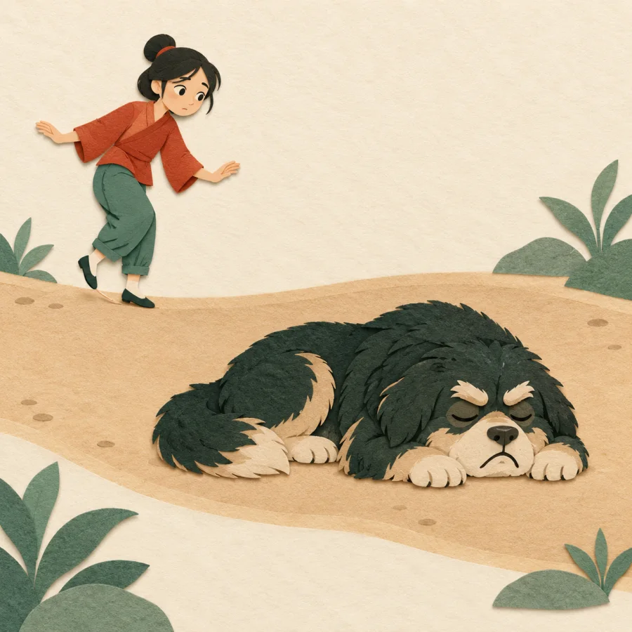 A person walks wide around a large grumpy dog on the path