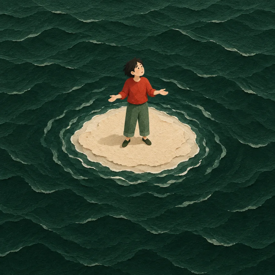 A person alone on a small sand island in dark water
