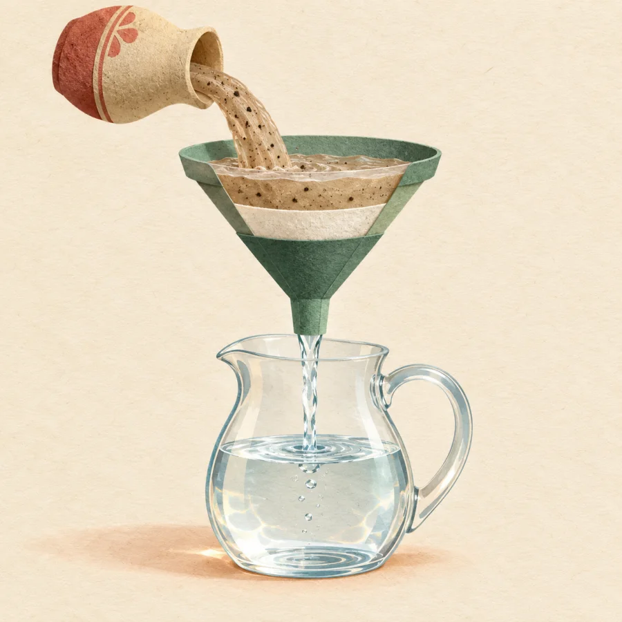 Cloudy water flows through a filter into a clear pitcher
