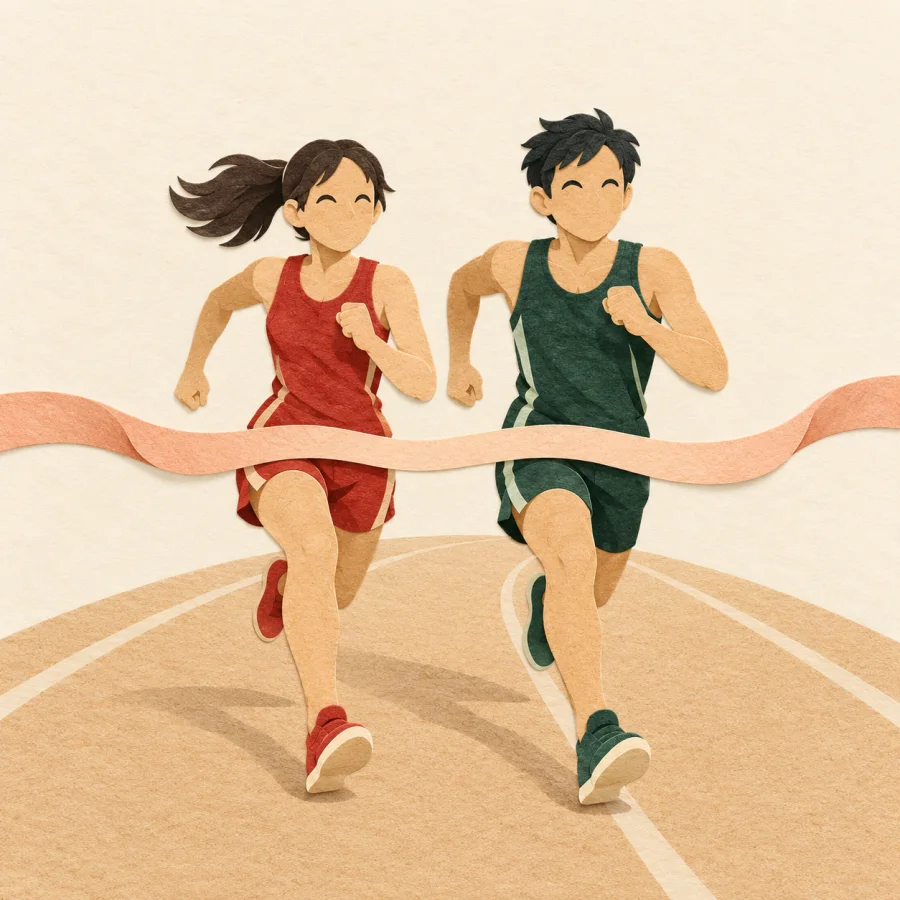 Two runners sprint side by side toward a finish ribbon