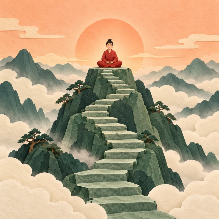 A person meditates atop a mountain path above the clouds