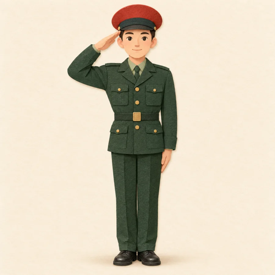 A person in a green uniform salutes with a hand to the forehead