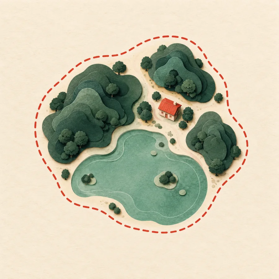 A red dashed border encloses green hills and a lake