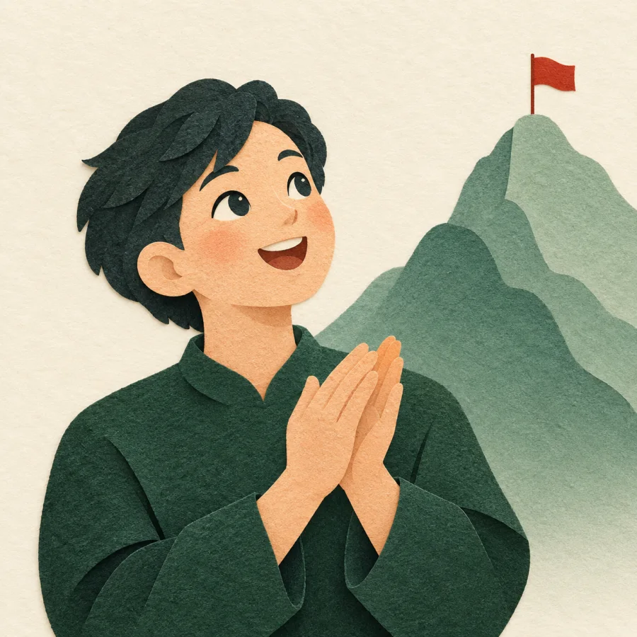 A person looks up in admiration and claps