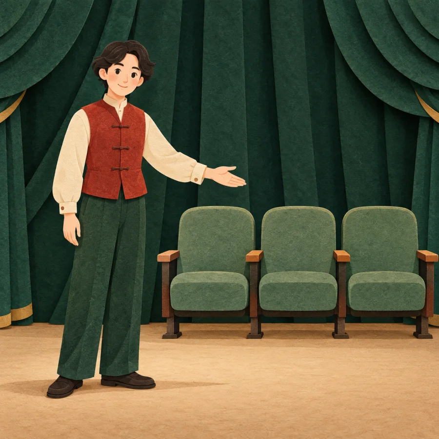 A person in a red vest gestures politely toward empty seats