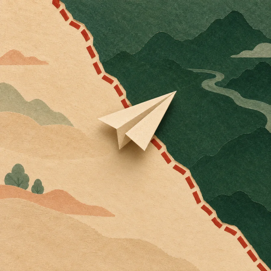 A paper plane flies over a red dashed border line