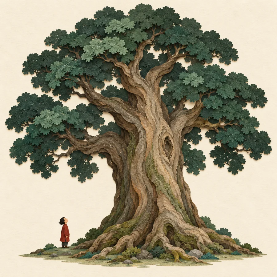 A tiny person gazes up at a giant towering tree