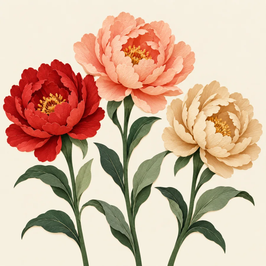 Three flowers burst open side by side as if racing