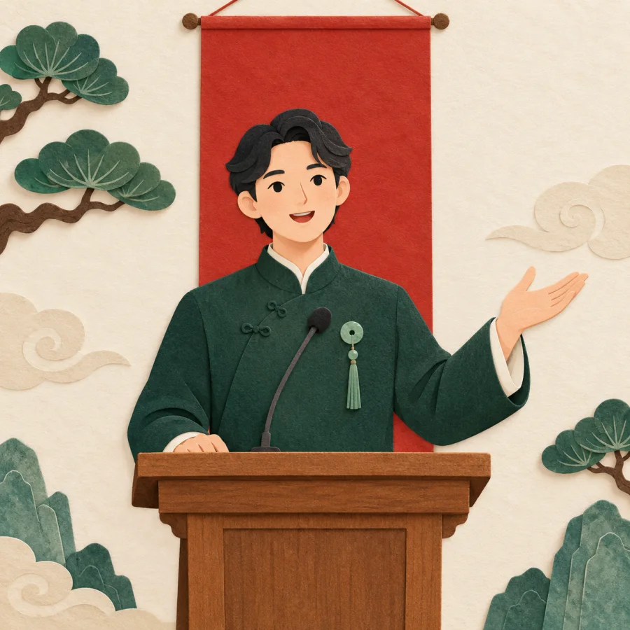 A person gives a speech behind a wooden podium