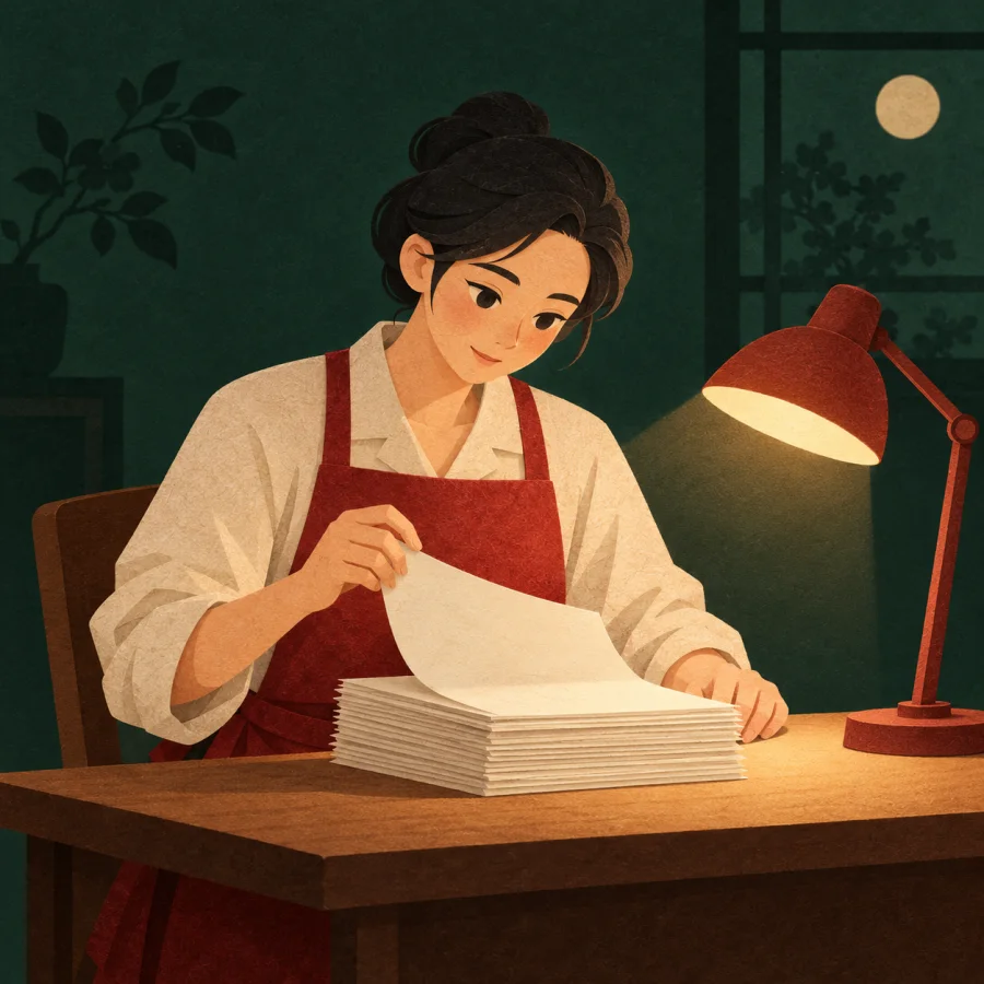 A person in a red apron checks papers at a desk late at night