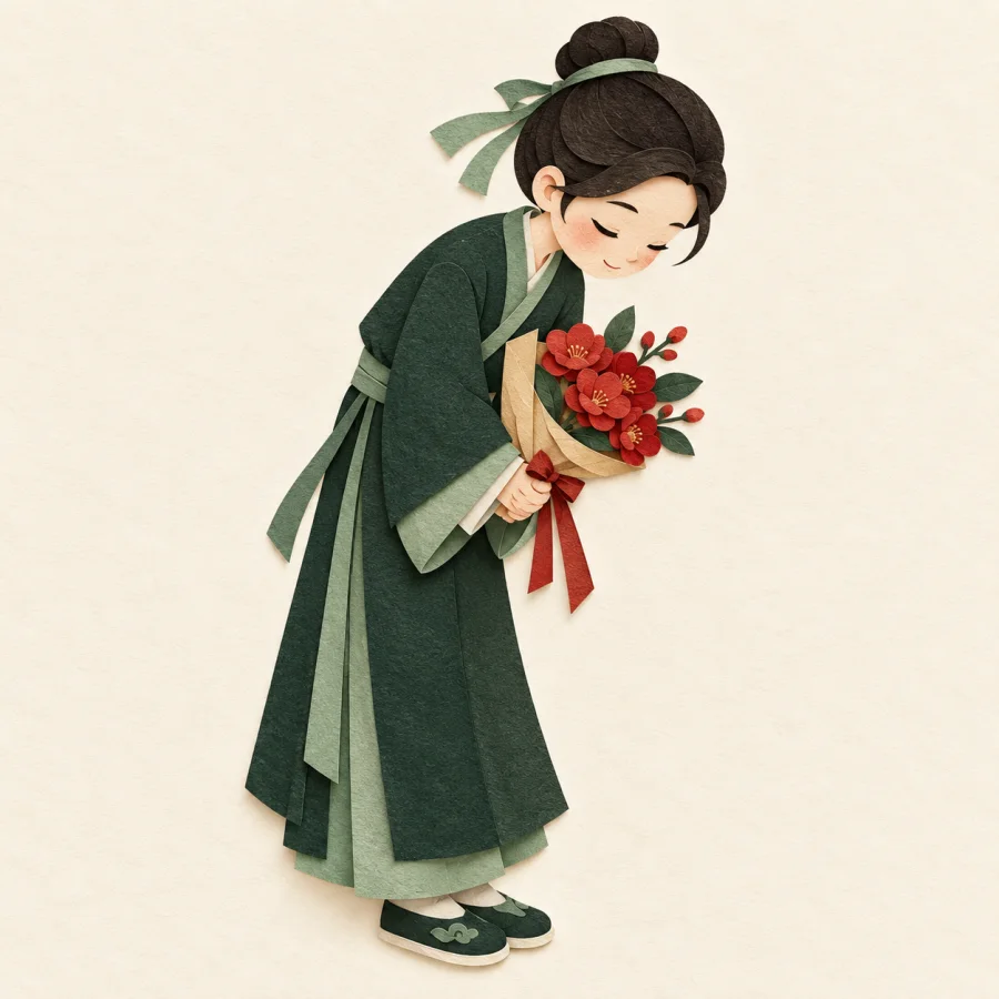 A person bows politely, holding a bouquet of red flowers
