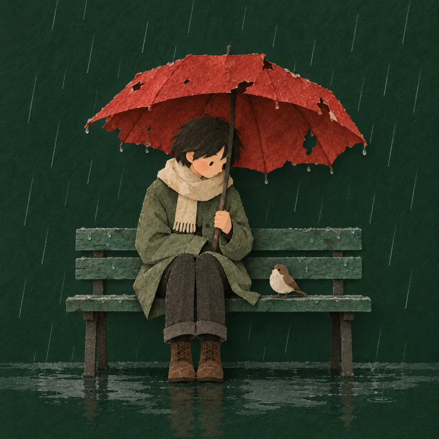 A person sits alone on a bench in rain under a tattered umbrella
