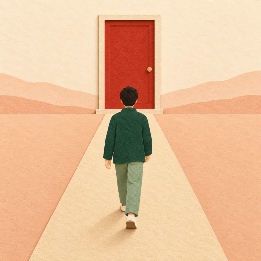 A person walks along a straight path toward a red door