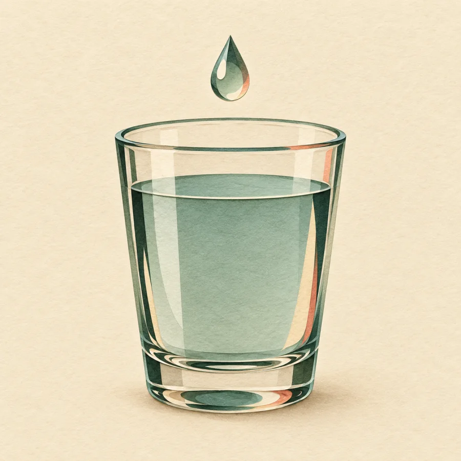 A glass of still water with a drop frozen in the air above