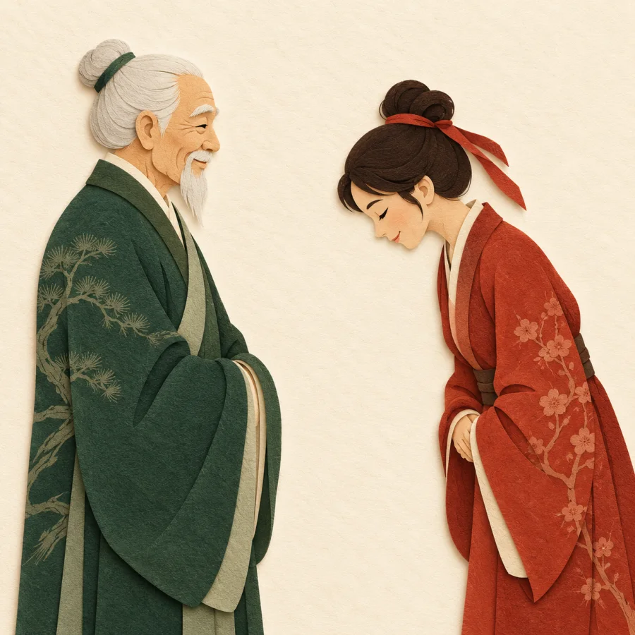 A young person lowers their head respectfully to an elder