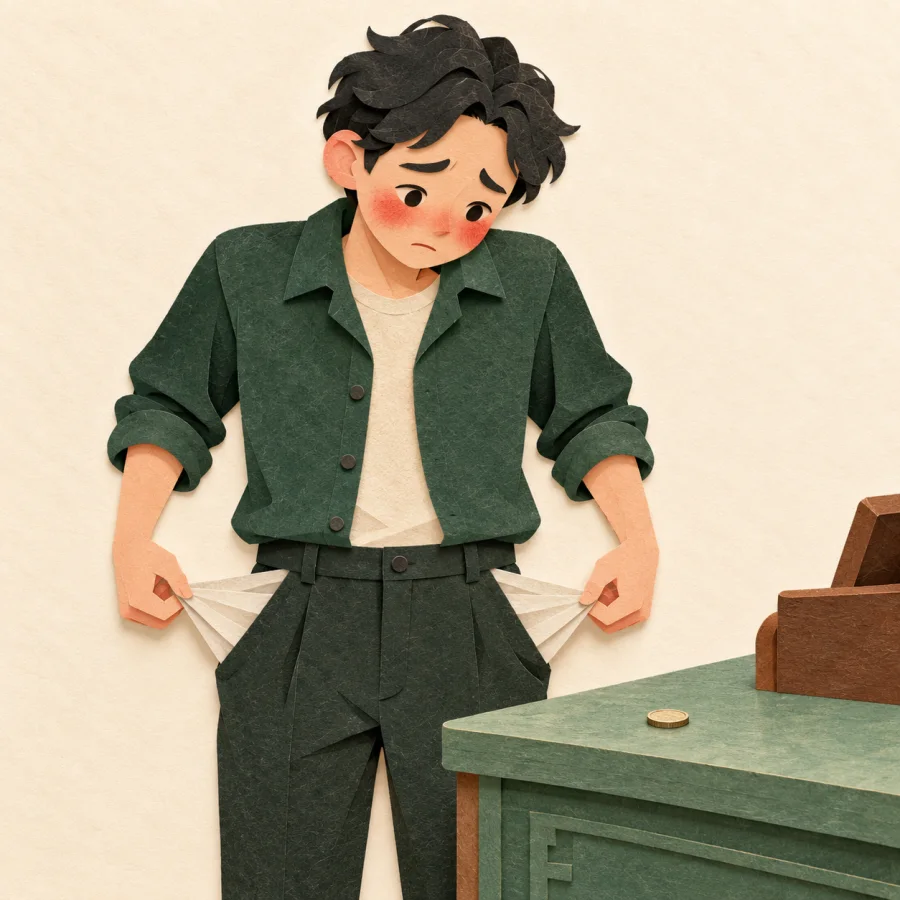 An embarrassed person turns out empty pockets at a counter