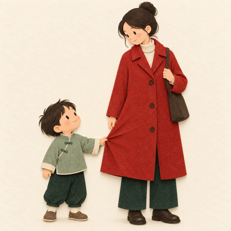 A child tugs at the hem of a tall person's red coat