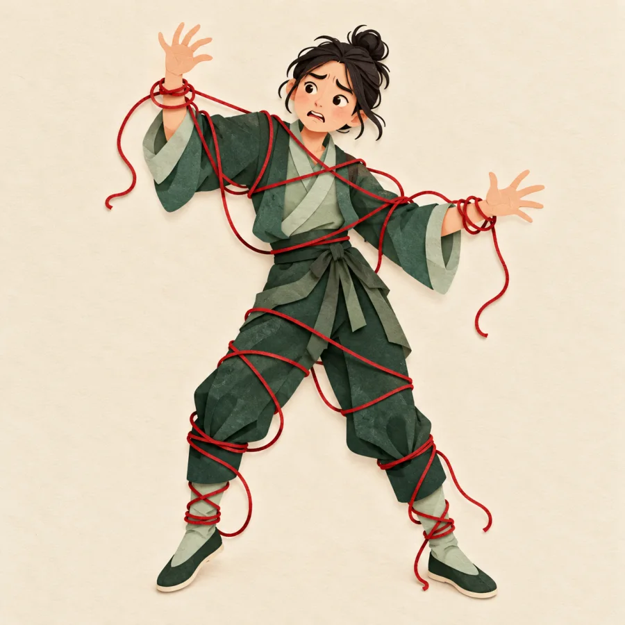 An exasperated person tangled in long red threads
