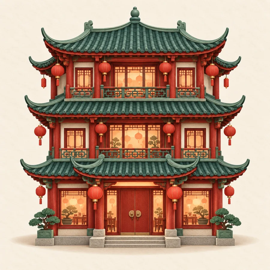 A multi-storey Chinese restaurant with red lanterns at the eaves