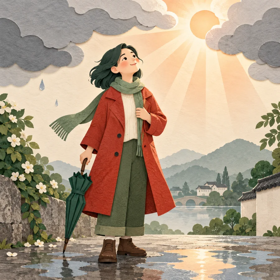 A person looks up happily as the sun breaks through after rain