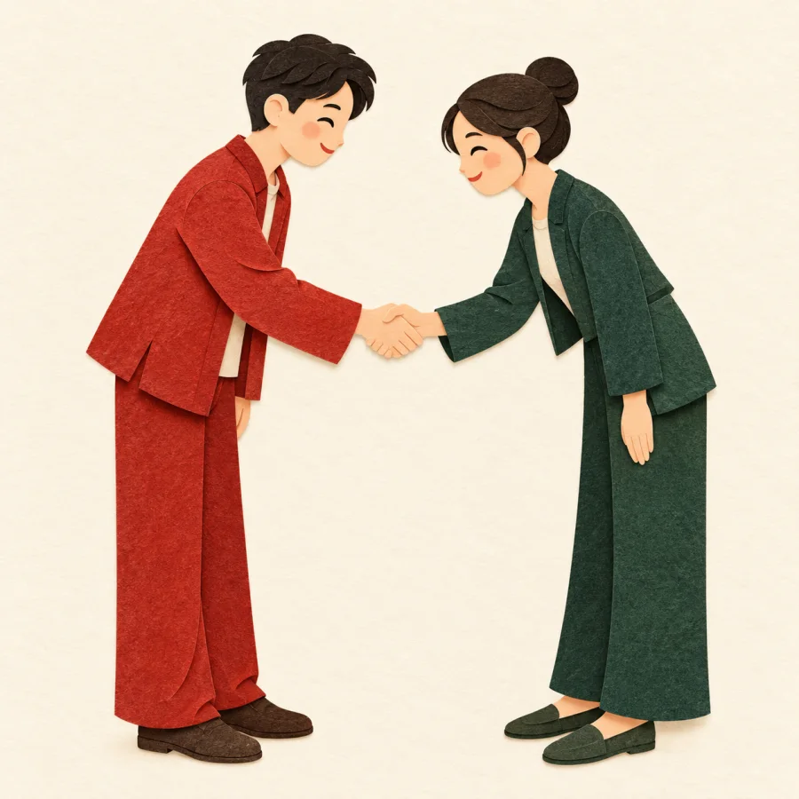Two people bow slightly and shake hands in greeting