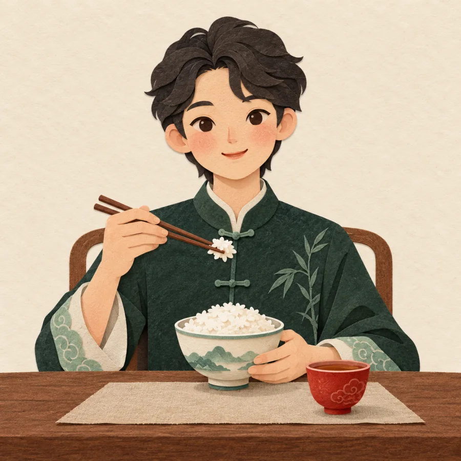 A person eats rice with chopsticks at a neat table