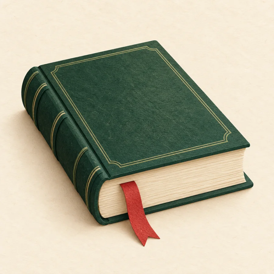 A thick closed book with a red bookmark ribbon
