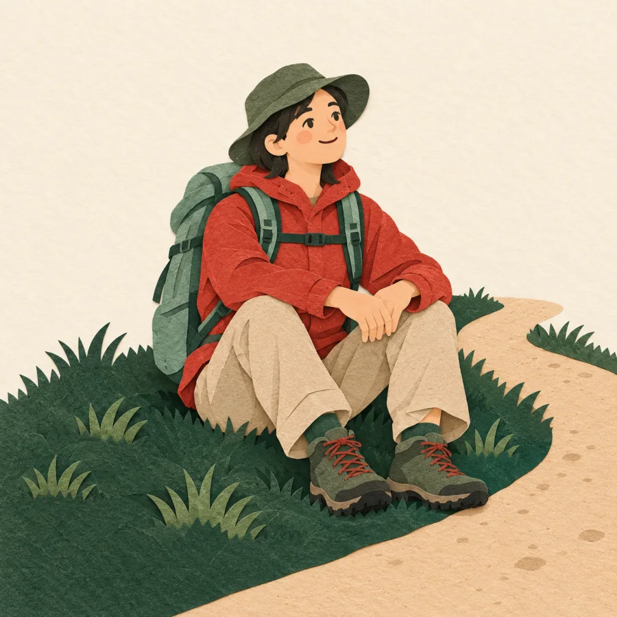 A hiker sits down to rest on the grass beside the trail