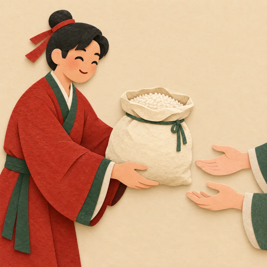 A person in red hands a sack of rice to outstretched hands