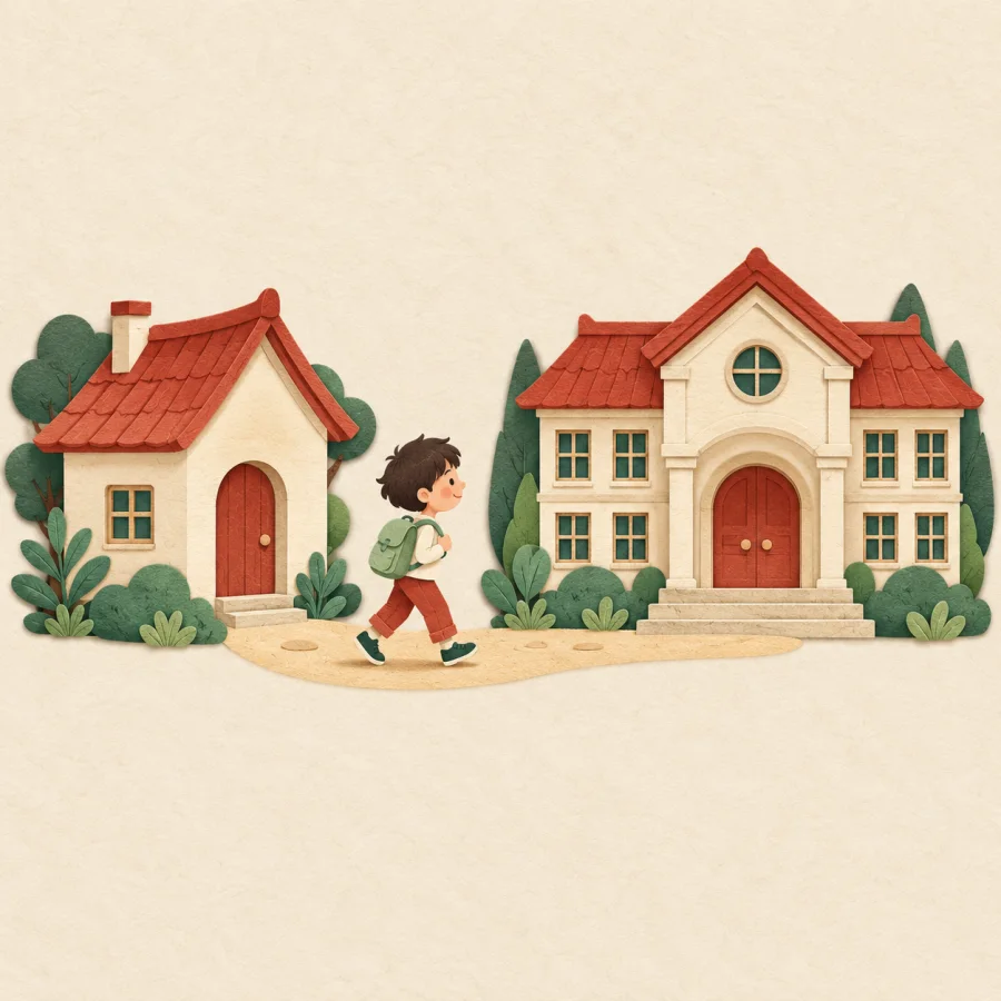 A child walks a short path from a house to a nearby school