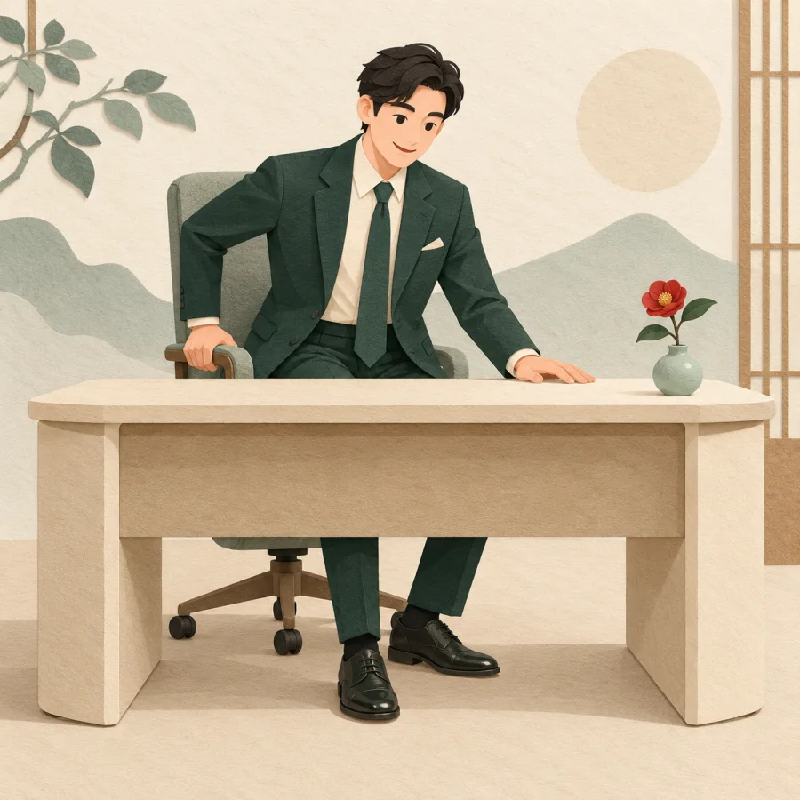 A person in a green suit sits at a big desk for the first time