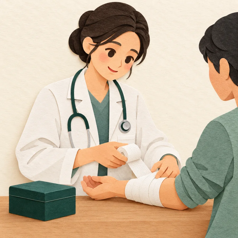 A doctor in a white coat bandages a patient's arm